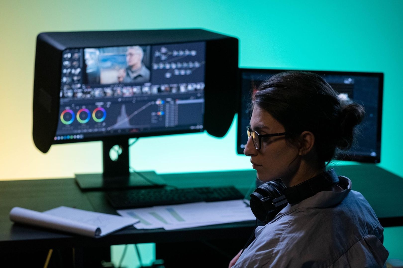 Editor viewing color-grading software on dual monitors