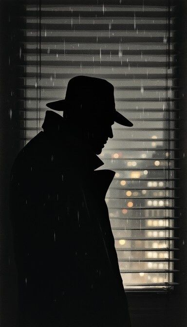 Silhouette of a hat-wearing figure behind rain-streaked blinds